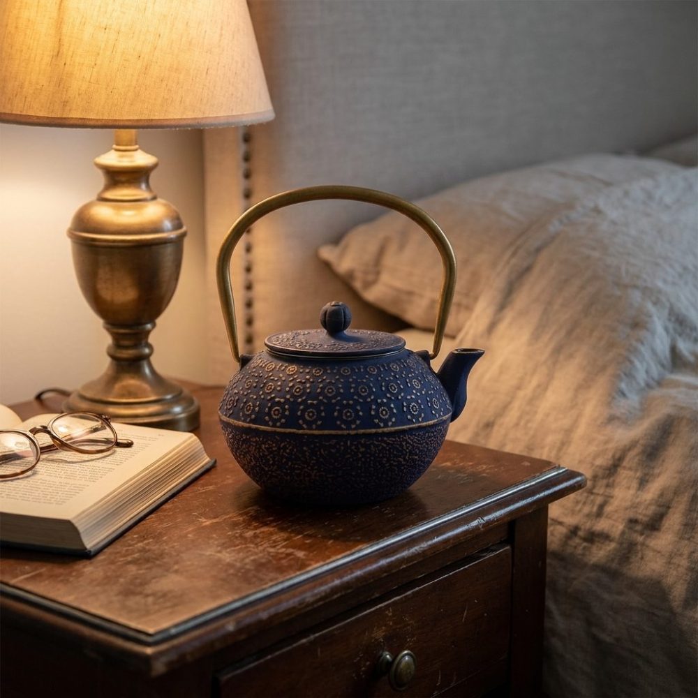 Théière en fonte émaillée 1 litre, bleu de nuit à rosettes dorées, sur une table de chevet, lampe allumée