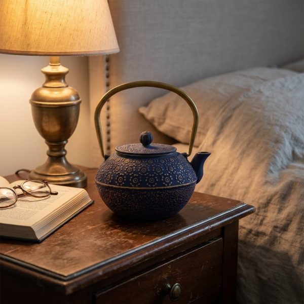 Théière en fonte émaillée 1 litre, bleu de nuit à rosettes dorées, sur une table de chevet, lampe allumée