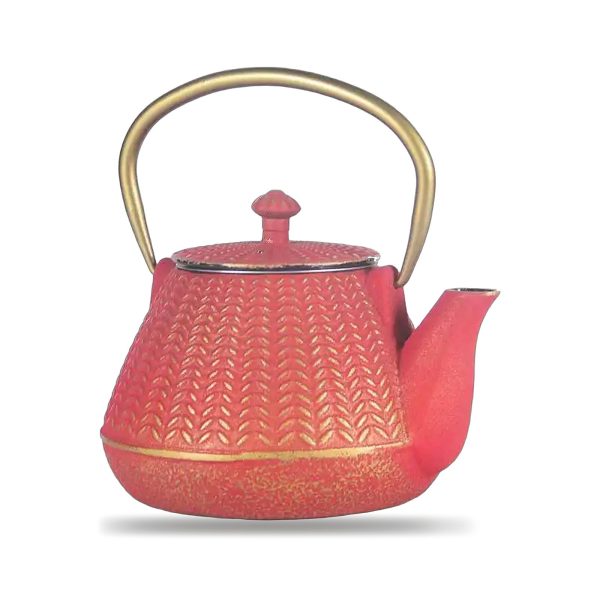 Théière en fonte émaillée 1 litre, rouge corail à chevrons, anse d’arceau dorée