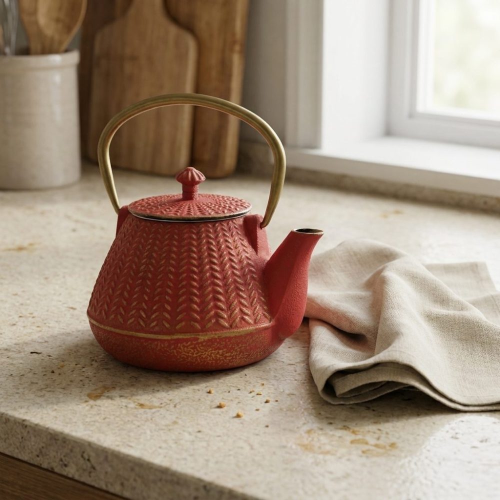 Théière en fonte émaillée 1 litre, rouge corail à chevrons, sur un plan de travail en pierre claire