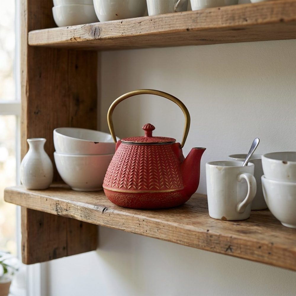 Théière en fonte émaillée 1 litre, rouge corail à chevrons, sur une étagère murale, entre des céramiques