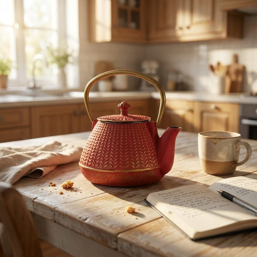 Théière en fonte émaillée 1 litre, rouge corail à chevrons, sur une table de cuisine en bois clair, au matin