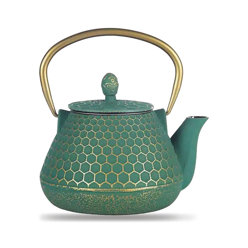 Théière en fonte émaillée 1 litre, verte à nid d’abeille kikkō doré, anse d’arceau dorée