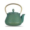 Théière en fonte émaillée 1 litre, verte à nid d’abeille kikkō doré, anse d’arceau dorée