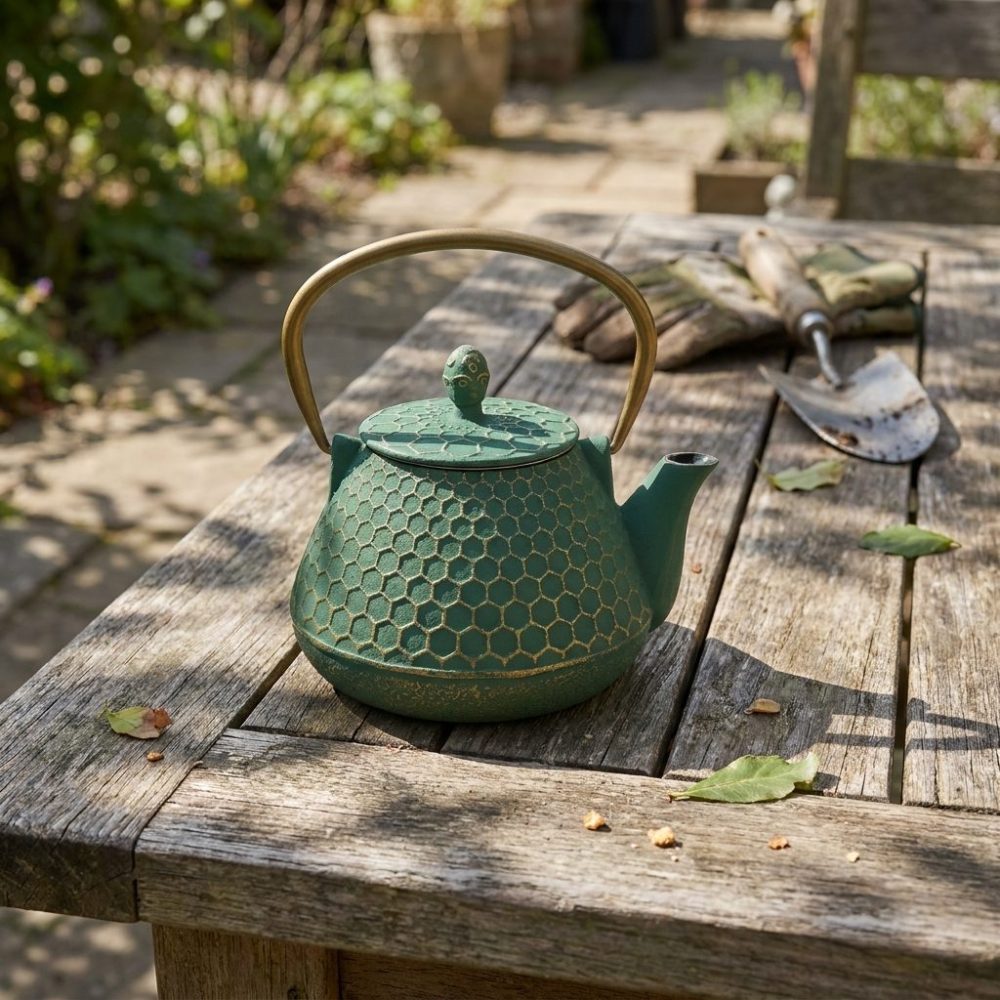 Théière en fonte émaillée 1 litre, verte à nid d’abeille kikkō doré, sur une table de jardin en bois, à l’ombre d’un feuillage
