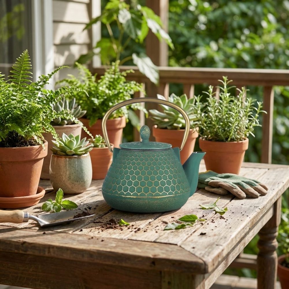 Théière en fonte émaillée 1 litre, verte à nid d’abeille kikkō doré, sur une table de véranda, plantes autour