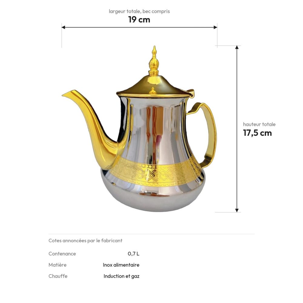 Cotes de la théière marocaine : 19 cm de large, 17,5 cm de haut, 0,7 litre