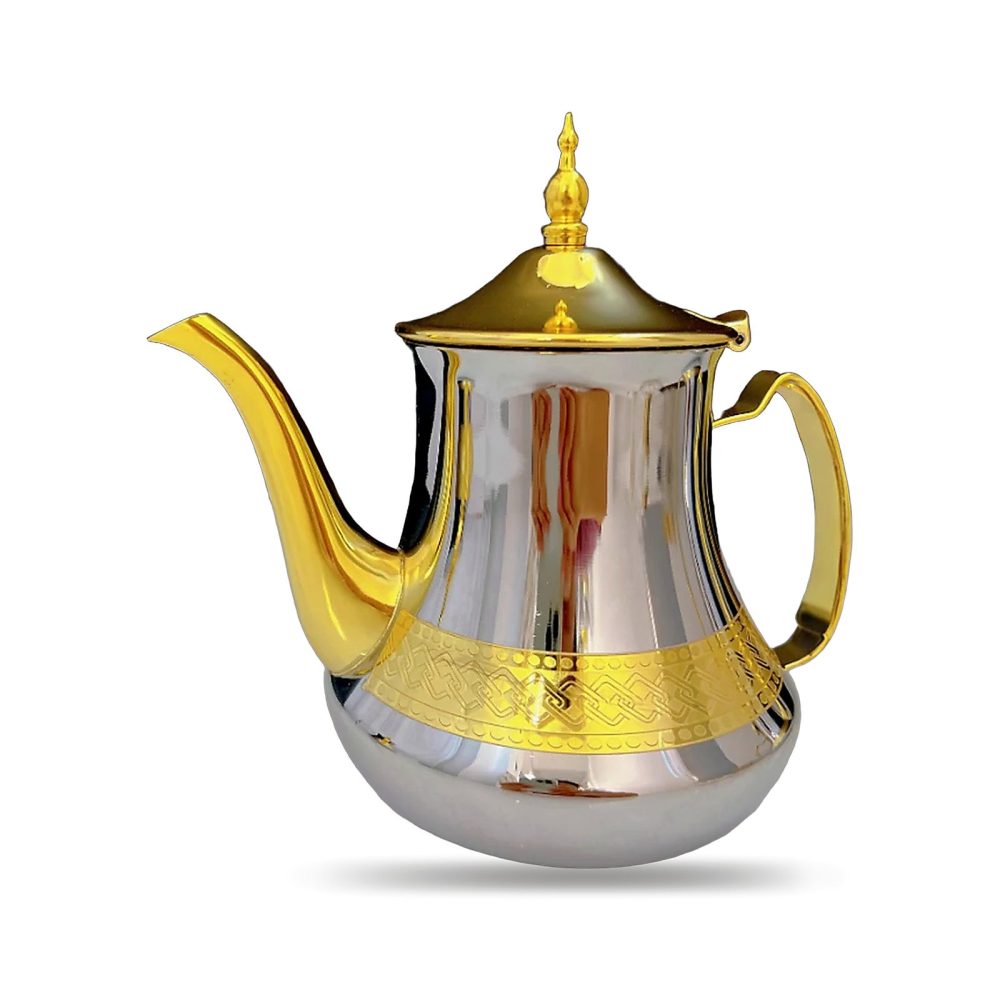 Théière marocaine en inox poli, frise et bec dorés, 0,7 litre