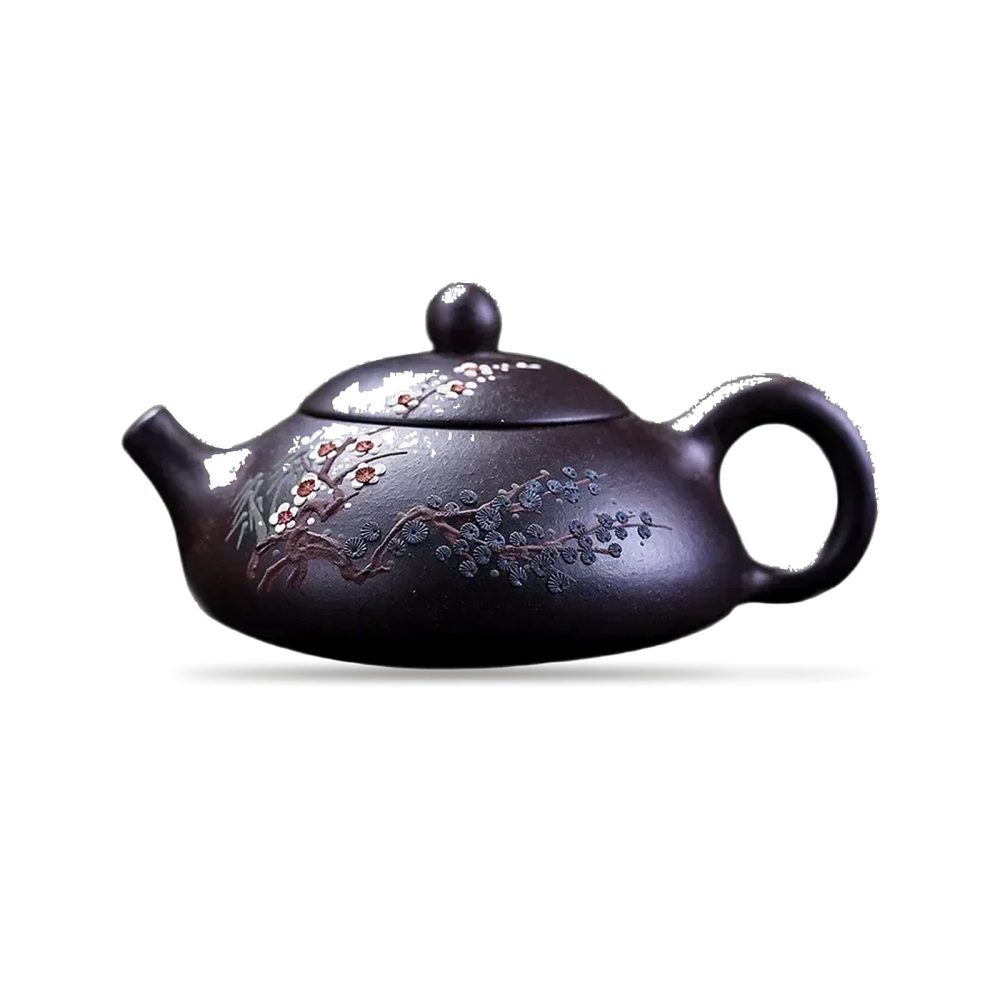 Théière de Yixing 160 ml en argile pourpre, décor de prunier en fleurs peint