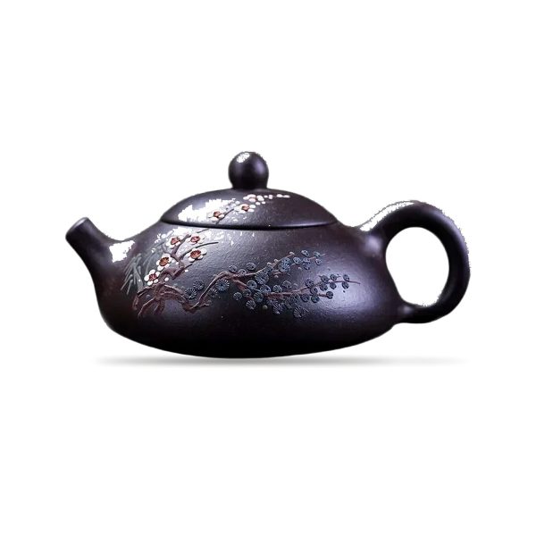 Théière de Yixing 160 ml en argile pourpre, décor de prunier en fleurs peint
