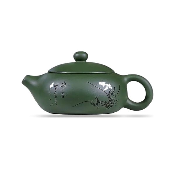 Théière de Yixing en argile verte, forme Xi Shi, décor d'orchidée gravée