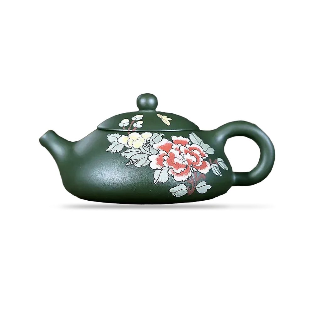 Théière de Yixing en argile verte, forme Xi Shi, pivoines peintes rouges et blanches