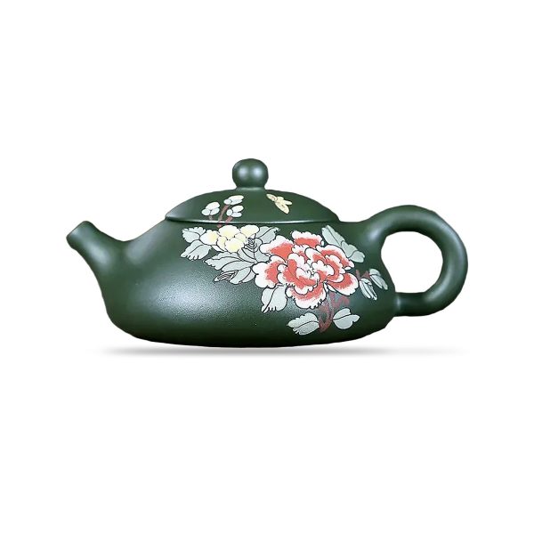 Théière de Yixing en argile verte, forme Xi Shi, pivoines peintes rouges et blanches