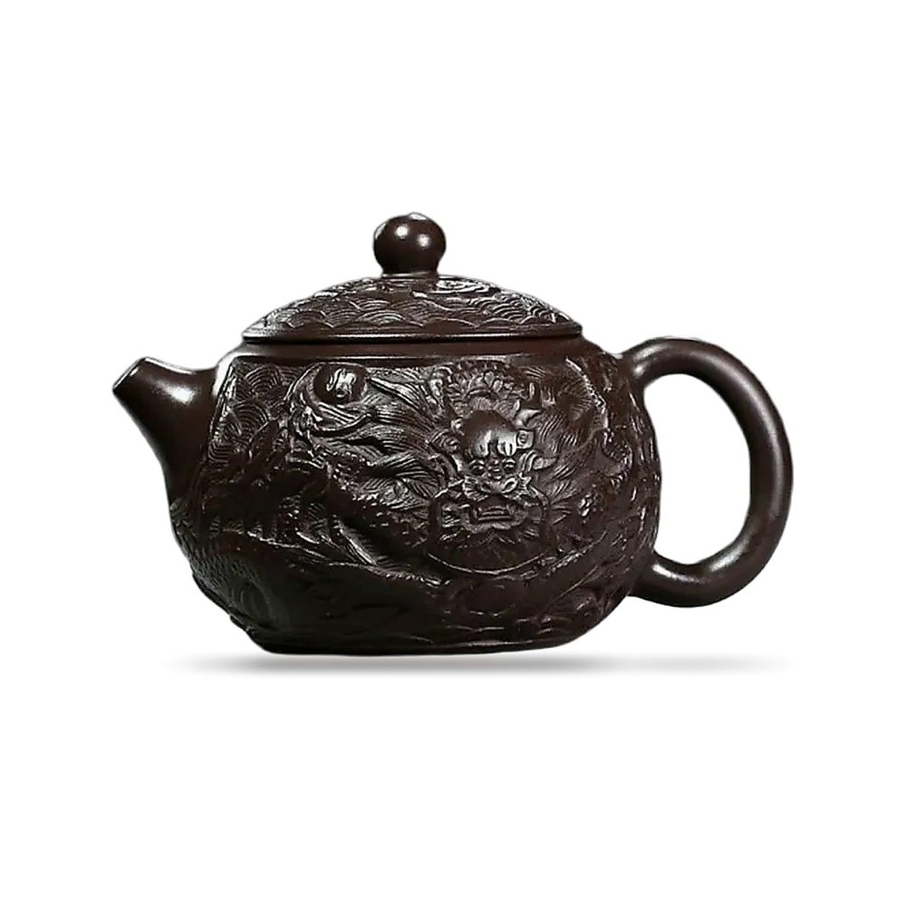 Théière de Yixing 200 ml, dragon sculpté à la main, coloris noir