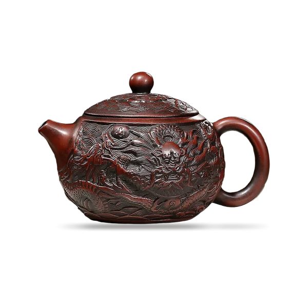 Théière de Yixing 200 ml, dragon sculpté à la main, coloris noir et rouge
