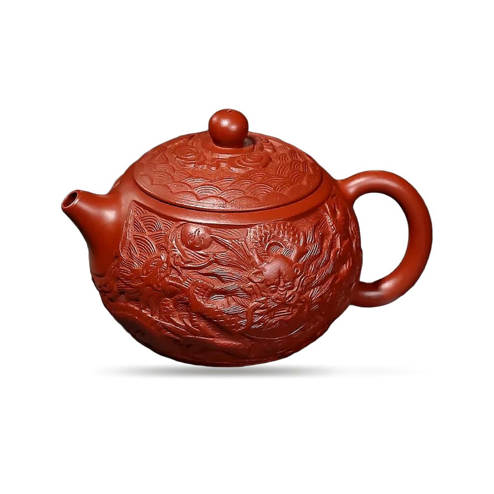 Théière de Yixing 200 ml, dragon sculpté à la main, coloris rouge