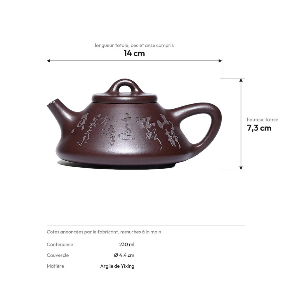 Cotes de la théière : 14 cm de long, 7,3 cm de haut, 230 ml