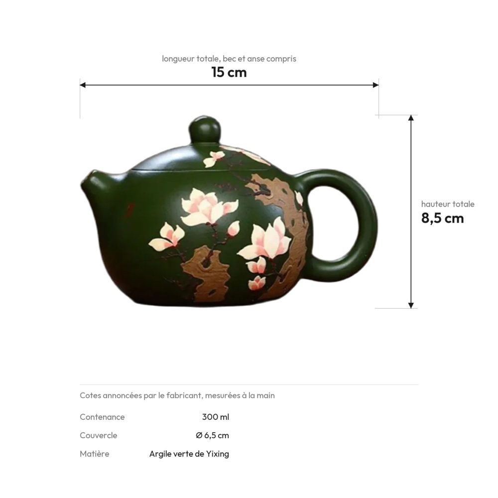 Cotes de la théière : 15 cm de long, 8,5 cm de haut, 300 ml