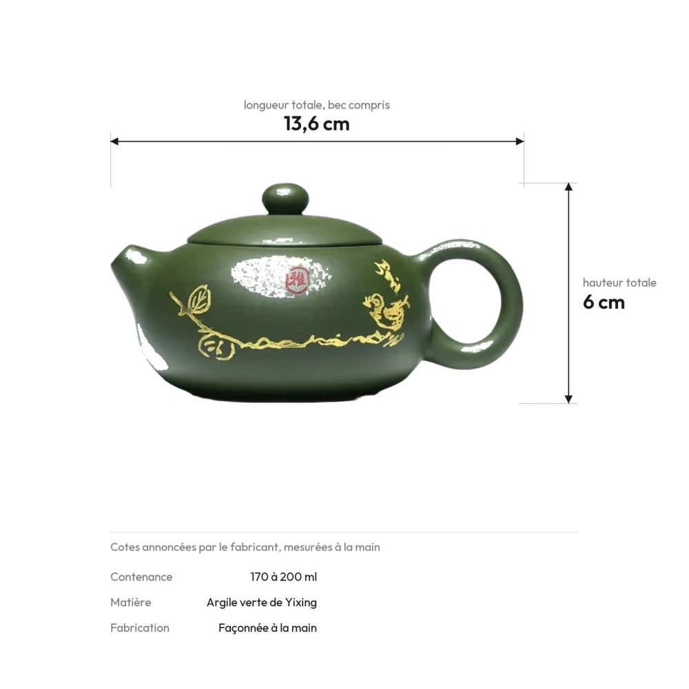 Cotes de la théière : 13,6 cm de long, 6 cm de haut, 170 à 200 ml