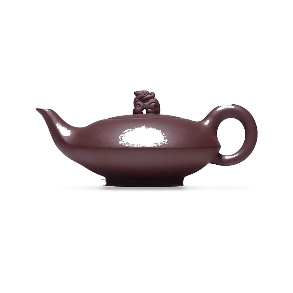 Théière de Yixing à panse plate et bouton sculpté, argile pourpre, 250 ml
