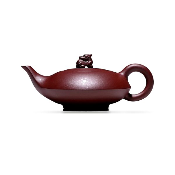 Théière de Yixing à panse plate et bouton sculpté, argile rouge profond, 250 ml