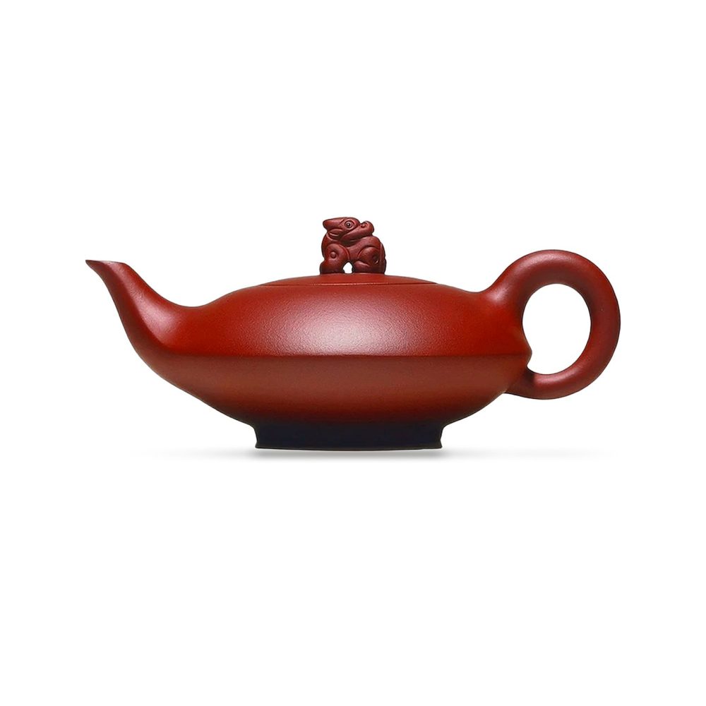 Théière de Yixing à panse plate et bouton sculpté, argile rouge vif dégradée, 200 ml