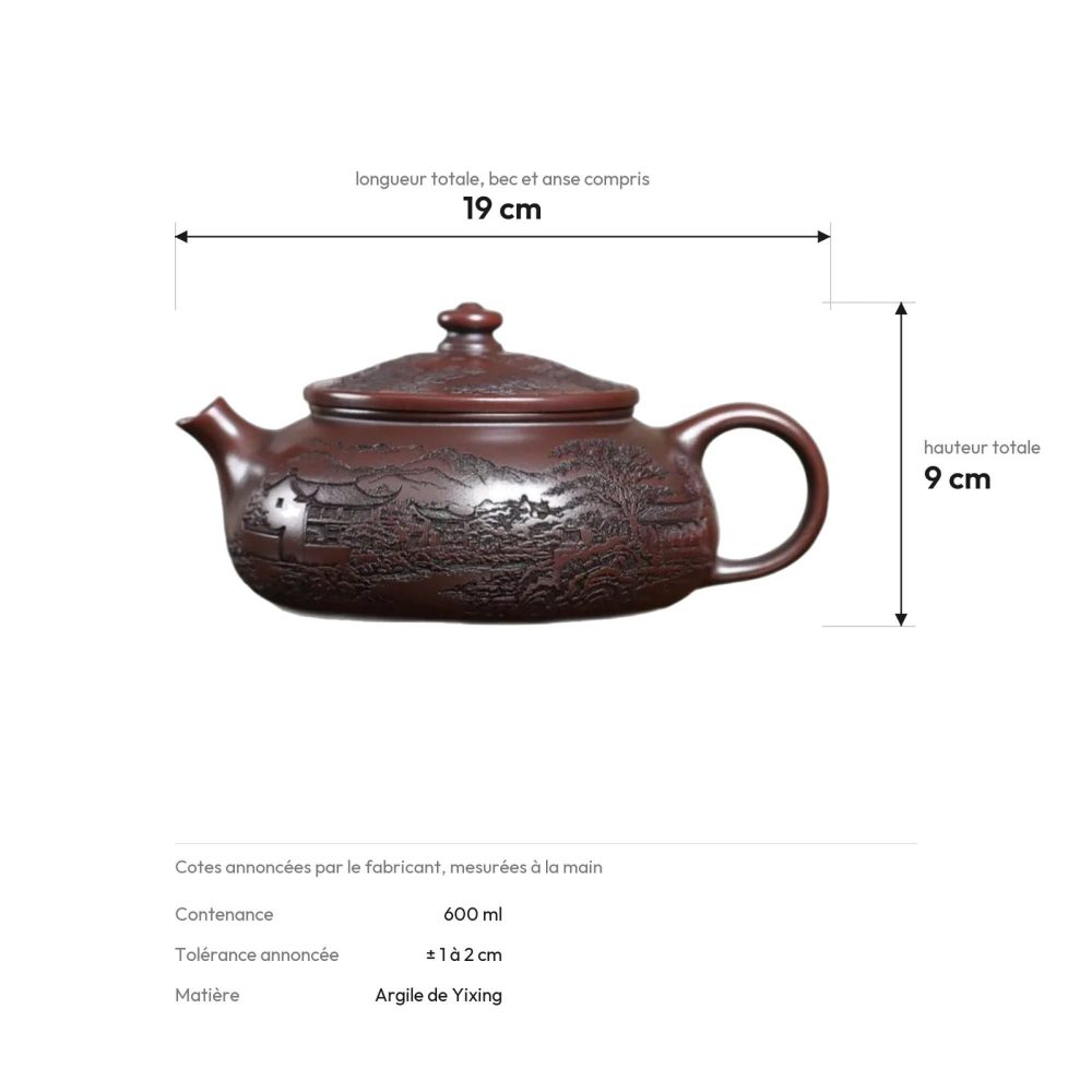 Cotes de la théière Yixing : 19 cm de long, 9 cm de haut, 600 ml