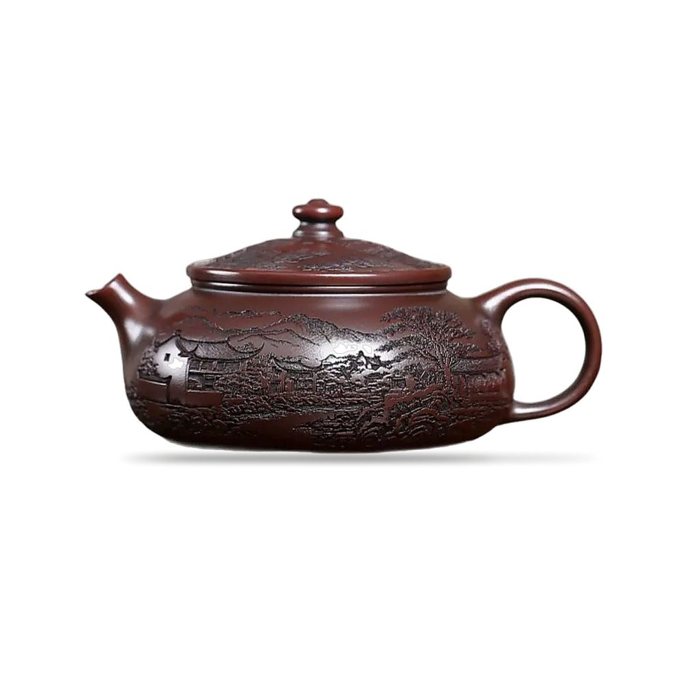 Théière Yixing en argile pourpre, panse basse, paysage de village sculpté, 600 ml