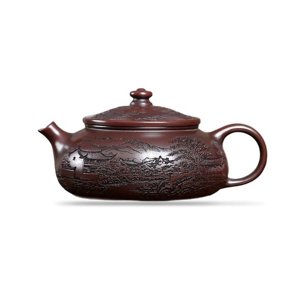 Théière Yixing en argile pourpre, panse basse, paysage de village sculpté, 600 ml