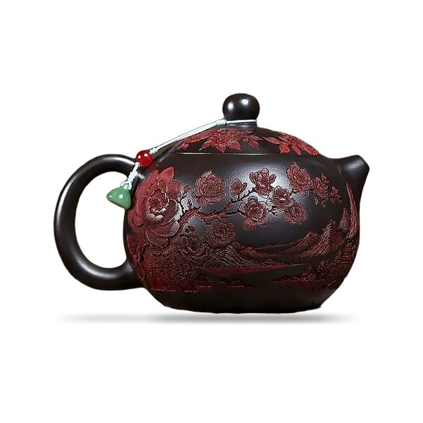 Théière Yixing en argile pourpre, forme Xi Shi, décor sculpté rouge sur fond noir, 500 ml