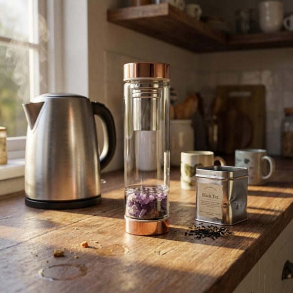 Bouteille infuseur en verre à améthyste sur un plan de travail, bouilloire à côté