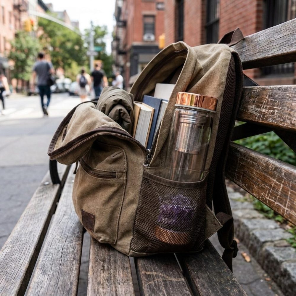Bouteille infuseur en verre à améthyste dans la poche d’un sac à dos