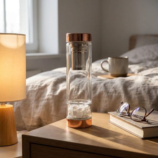 Bouteille infuseur en verre à cristal de roche sur une table de chevet