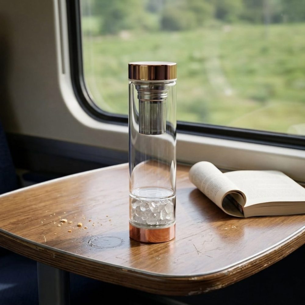 Bouteille infuseur en verre à cristal de roche sur la tablette d’un train