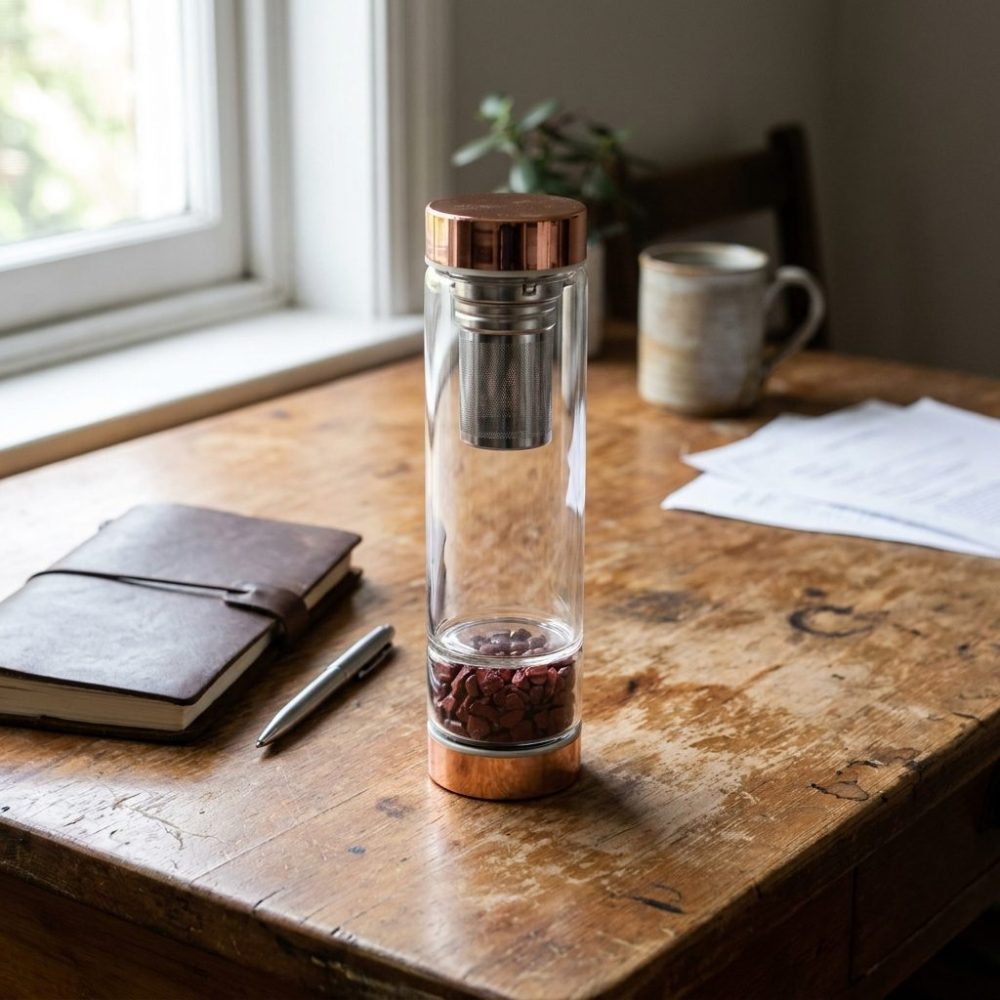 Bouteille infuseur en verre à jaspe rouge sur un bureau en bois