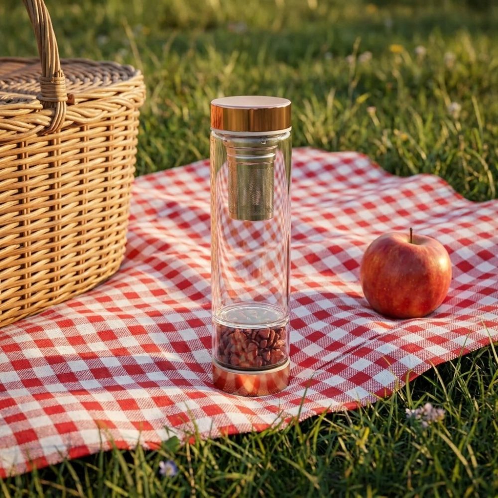 Bouteille infuseur en verre à jaspe rouge sur une nappe de pique-nique