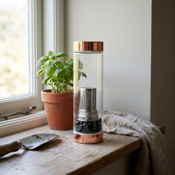 Bouteille infuseur en verre à onyx sur un rebord de fenêtre de cuisine
