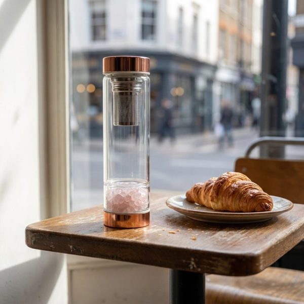 Bouteille infuseur en verre à quartz rose sur une table de café, croissant à côté