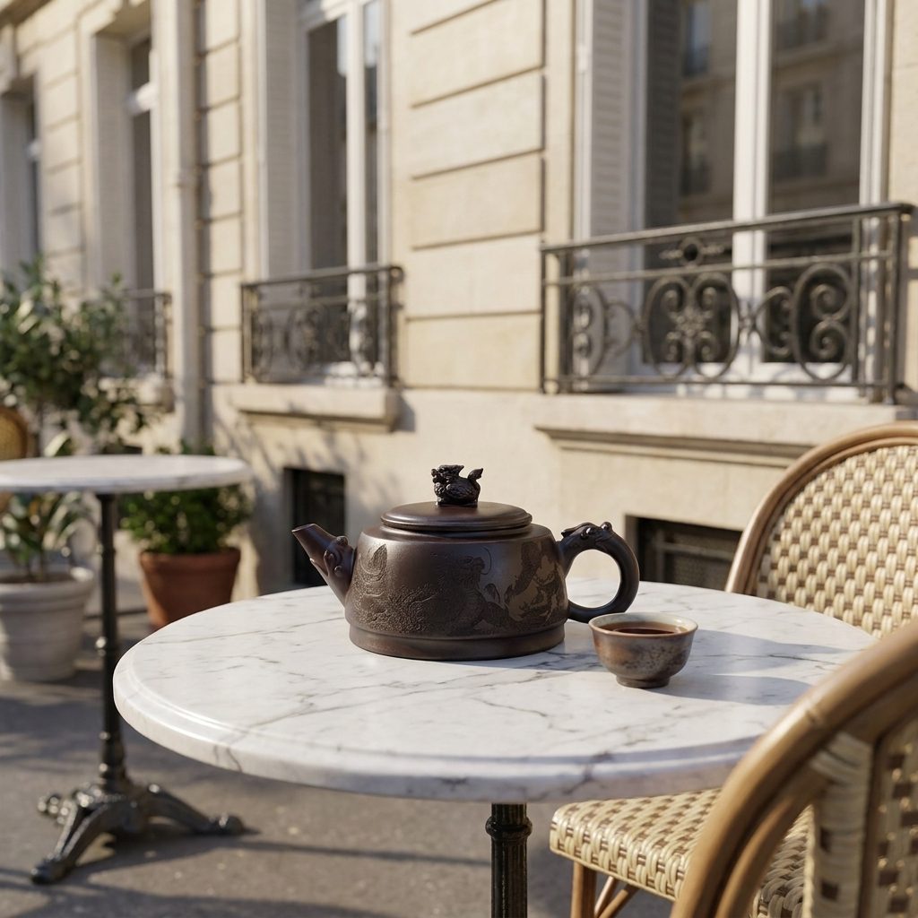 Théière de Yixing gravée sur une table de bistrot en marbre, terrasse parisienne