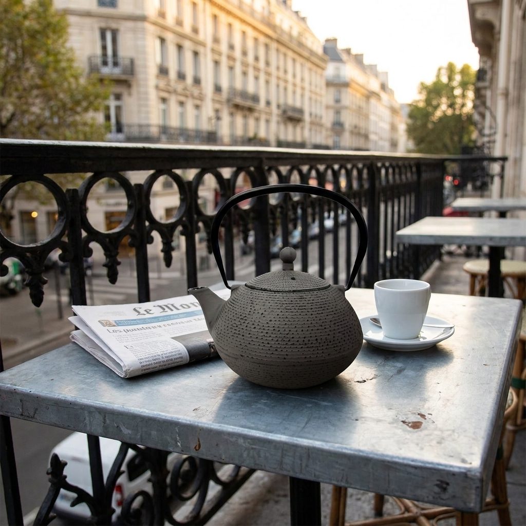 Théière en fonte à picots sur une table en zinc, balcon parisien