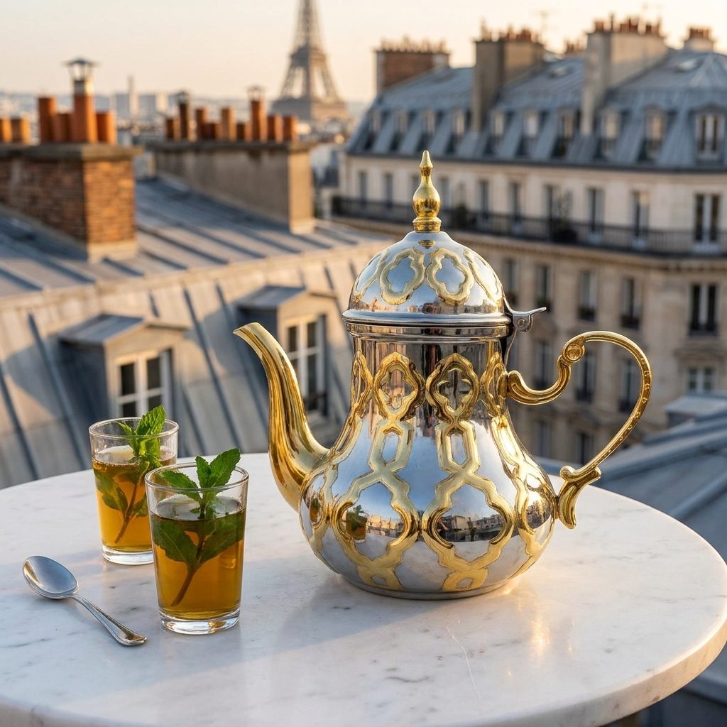 Théière marocaine en inox et laiton avec deux verres de thé à la menthe, toits de Paris